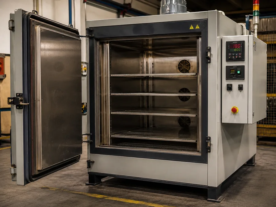 Desidrogenização — Estufa de desidrogenização com controle de temperatura para alívio de hidrogênio, tratamento realizado pela Artec Galvanotécnica